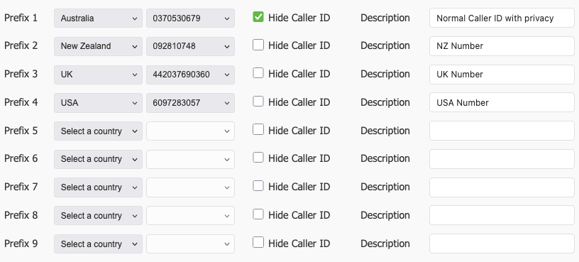 Image showing the Configuration Page for Advanced Outbound Caller ID Control feature within myCloudPBX Configuration Portal.