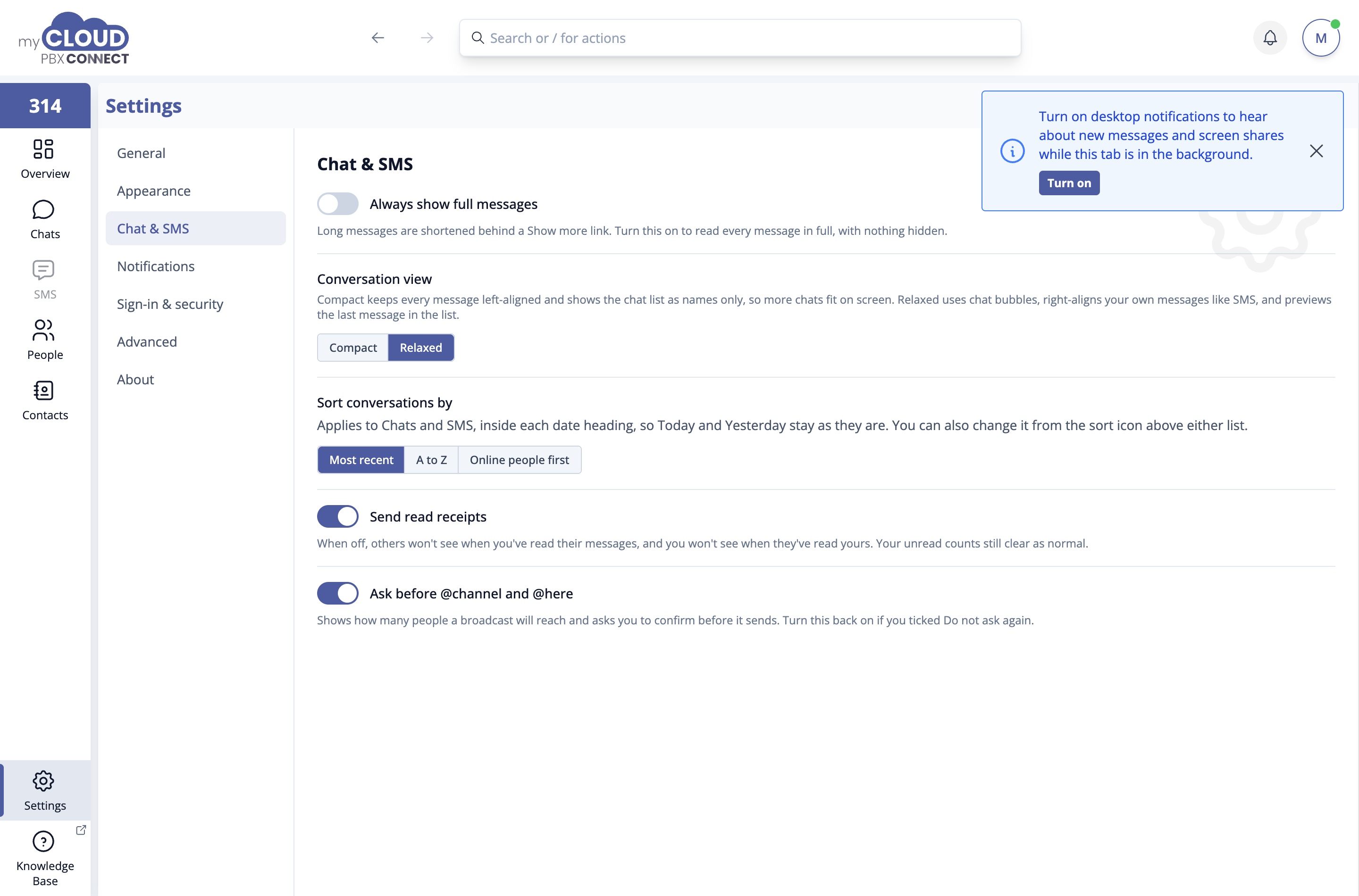 Chat and SMS settings