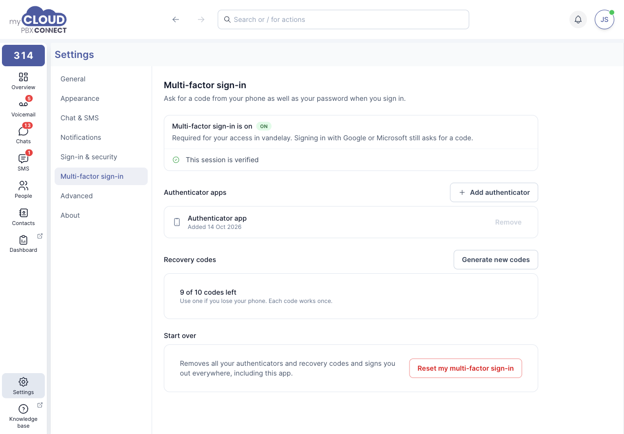 Settings, Multi-factor sign-in