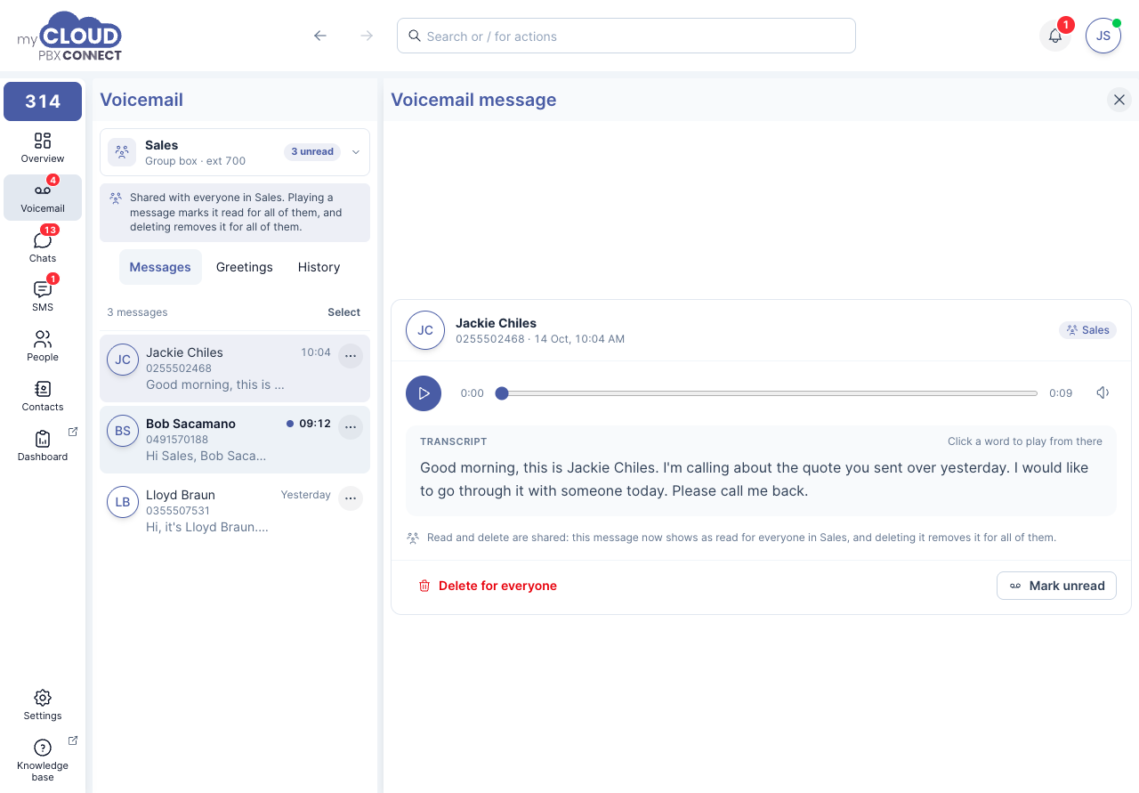 A message in the Sales group box, with the shared notice and Delete for everyone