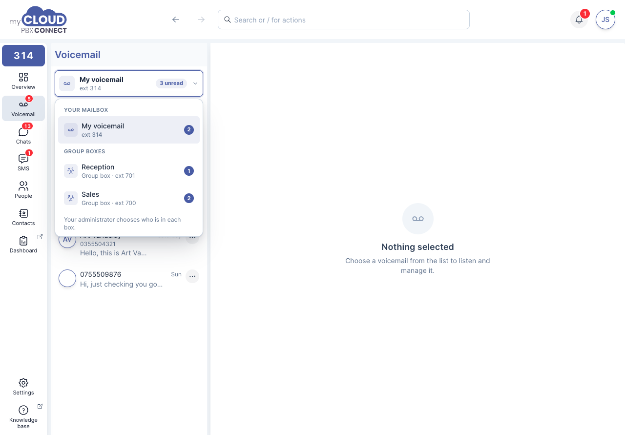 The voicemail switcher open, listing My voicemail and two group boxes