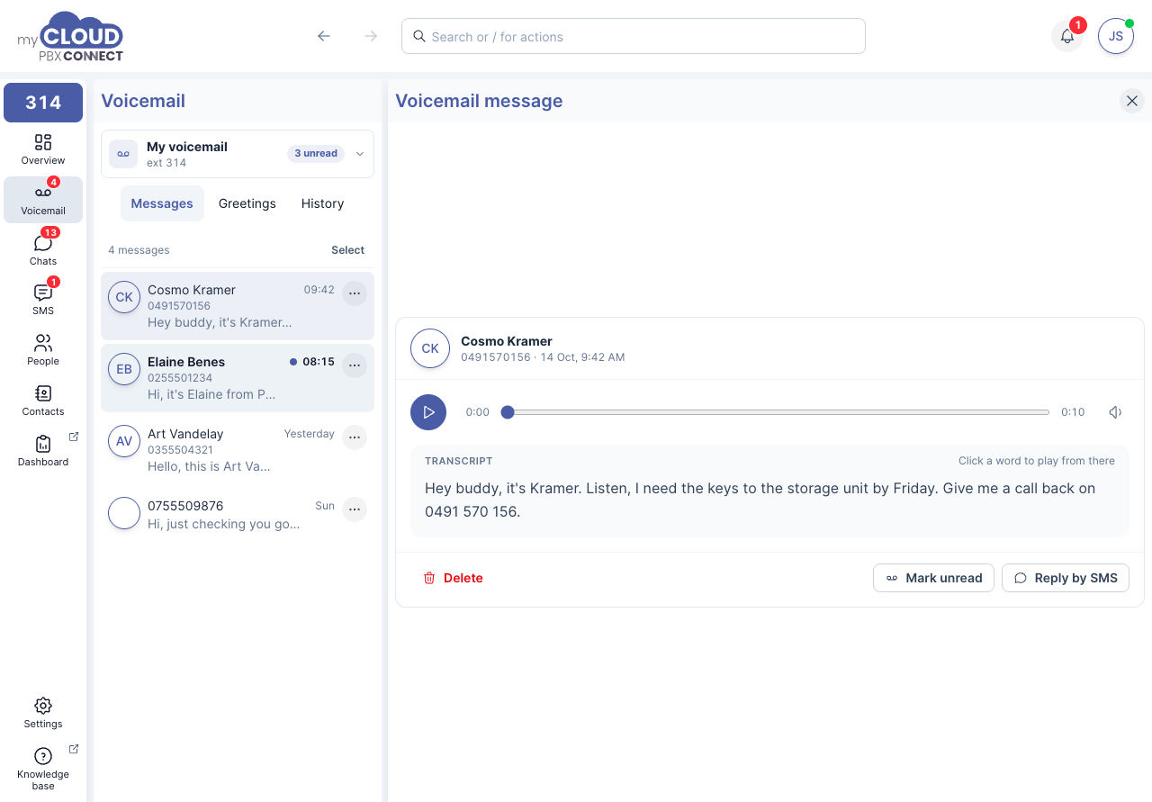 A voicemail message open, with the player and transcript