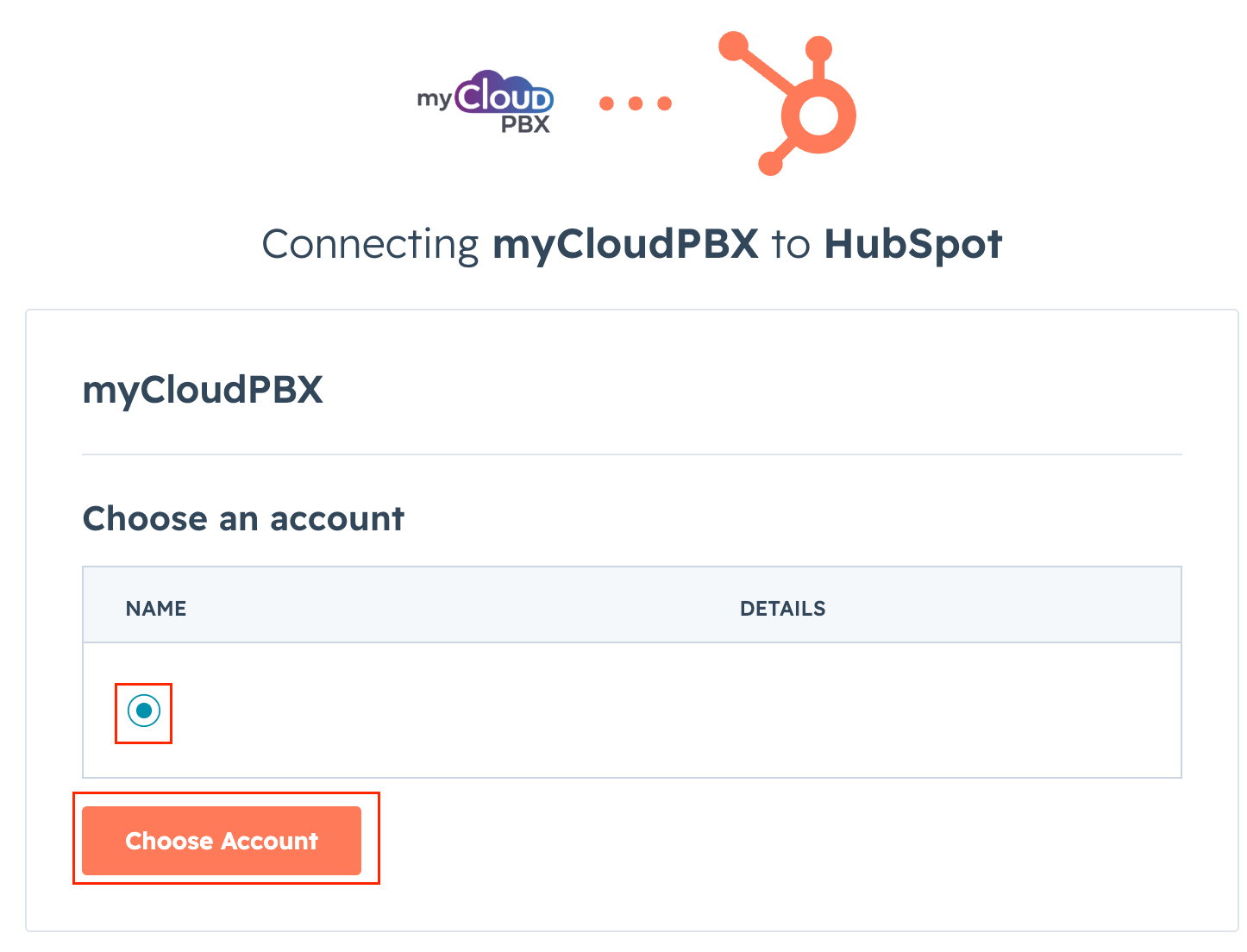 Hubspot myCloudPBX Configuration screen