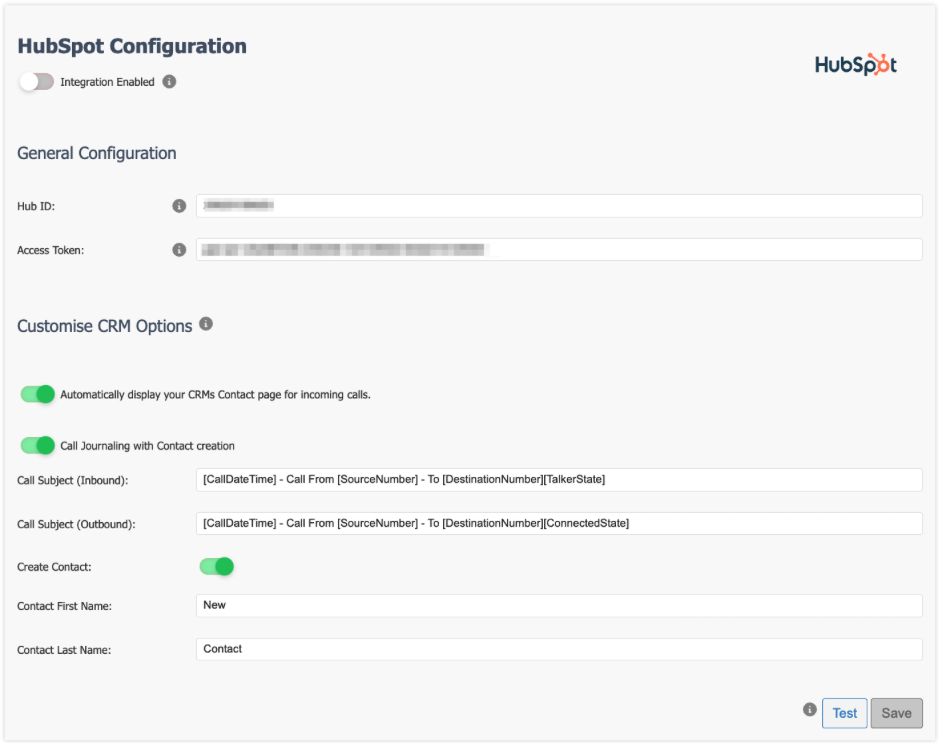 Hubspot myCloudPBX Configuration screen