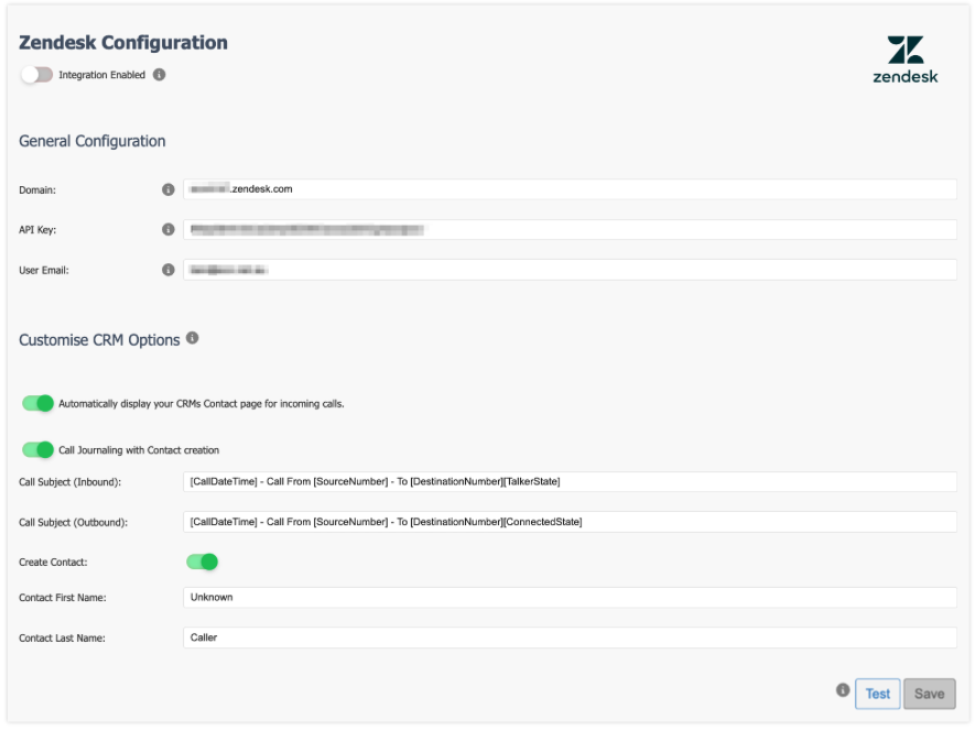 Zendesk myCloudPBX Configuration screen