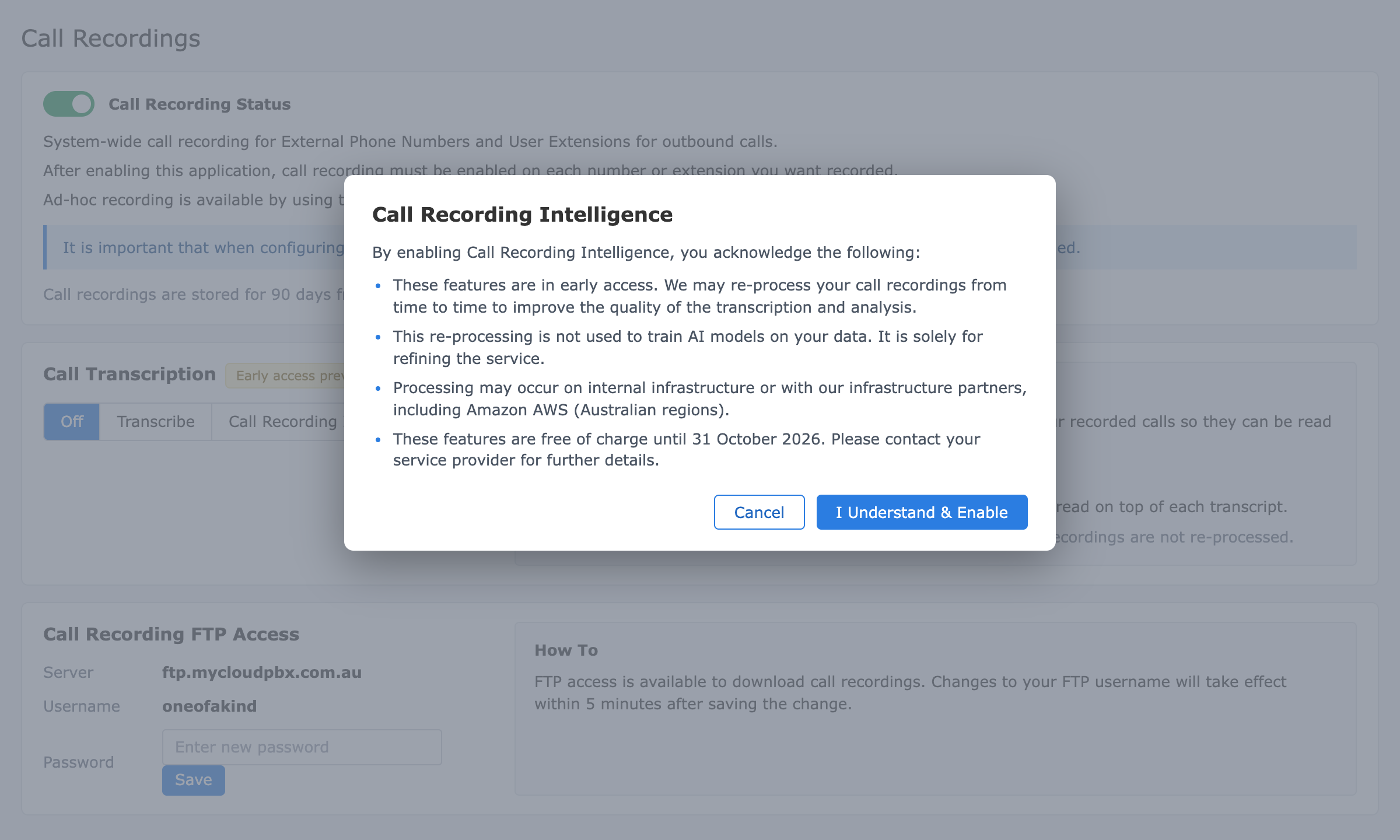The Call Recording Intelligence acknowledgement