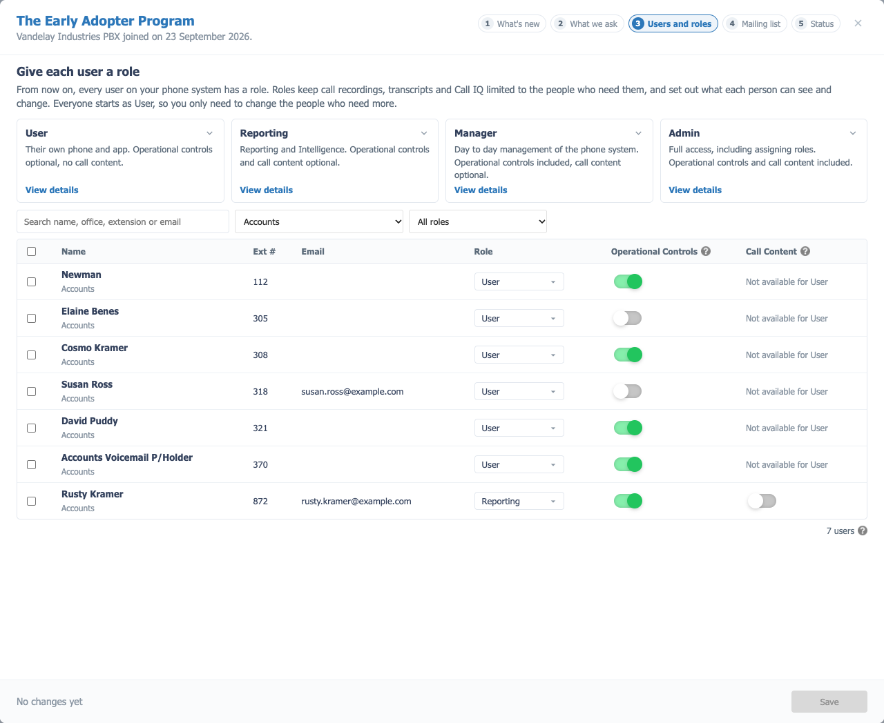The Users and roles step, giving each user a role