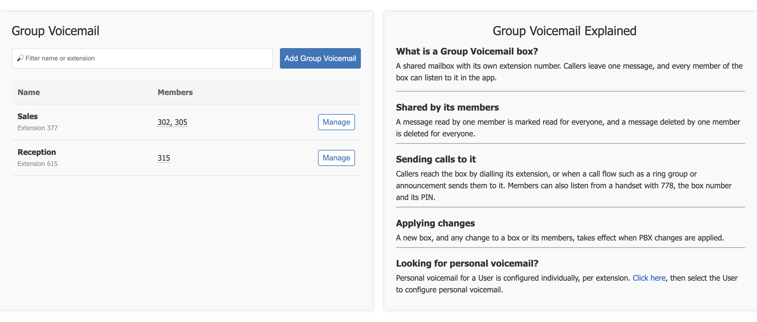 The Group Voicemail page, listing two boxes