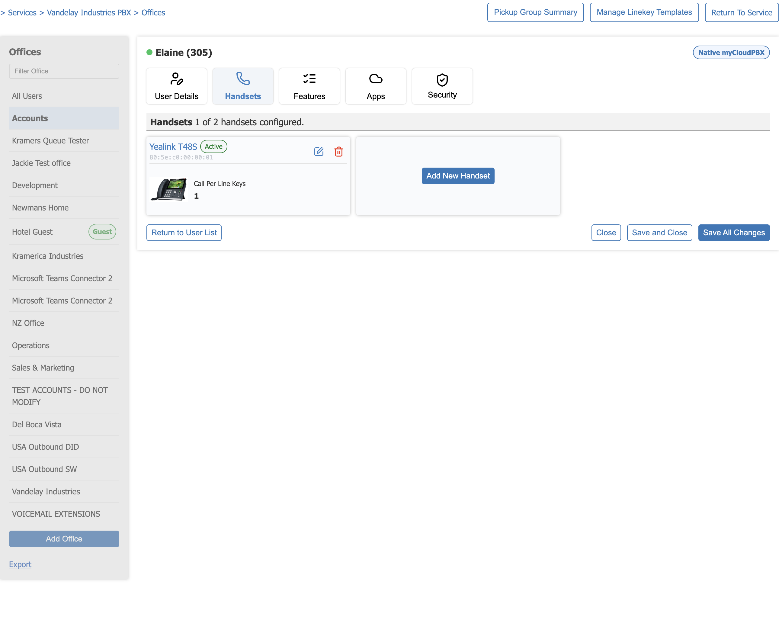 The Handsets tab on a user