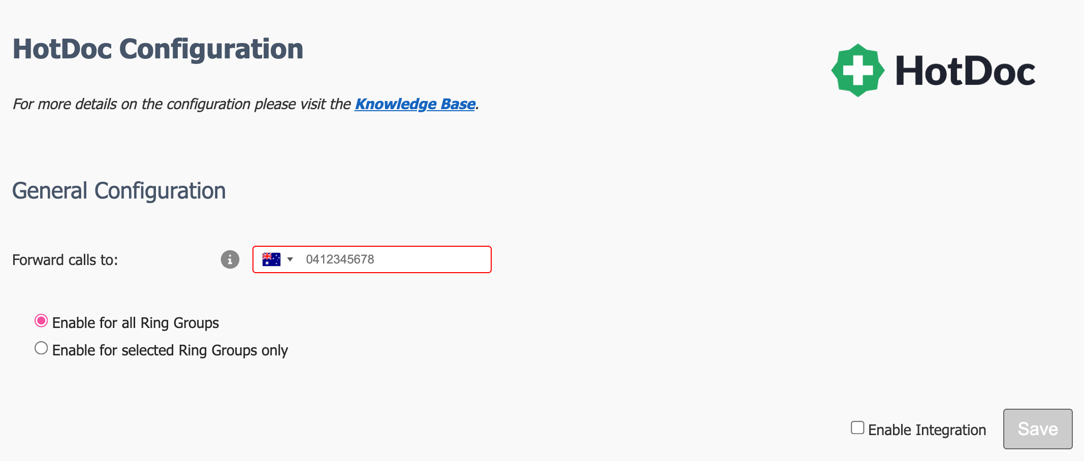 Hotdoc Configuration screen