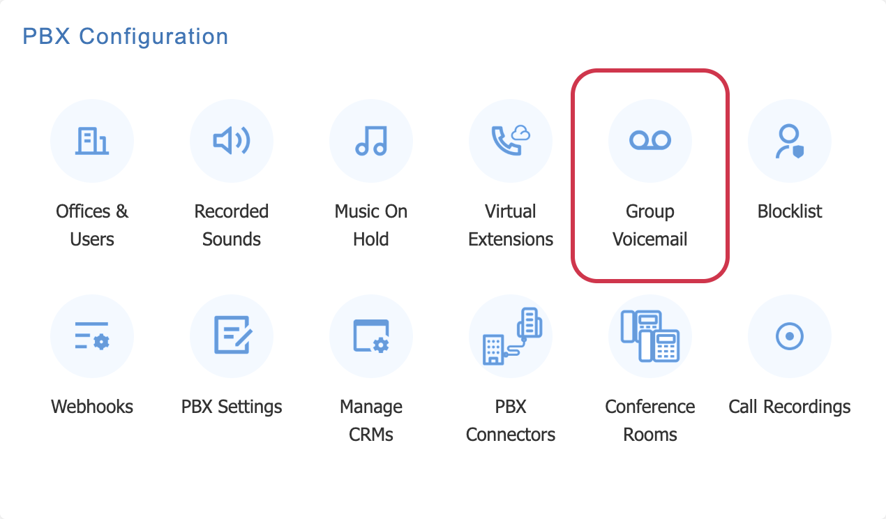The Group Voicemail tile under PBX Configuration