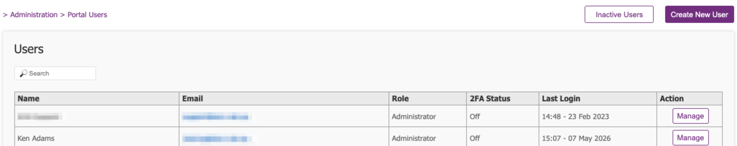 Portal users list showing Manage button