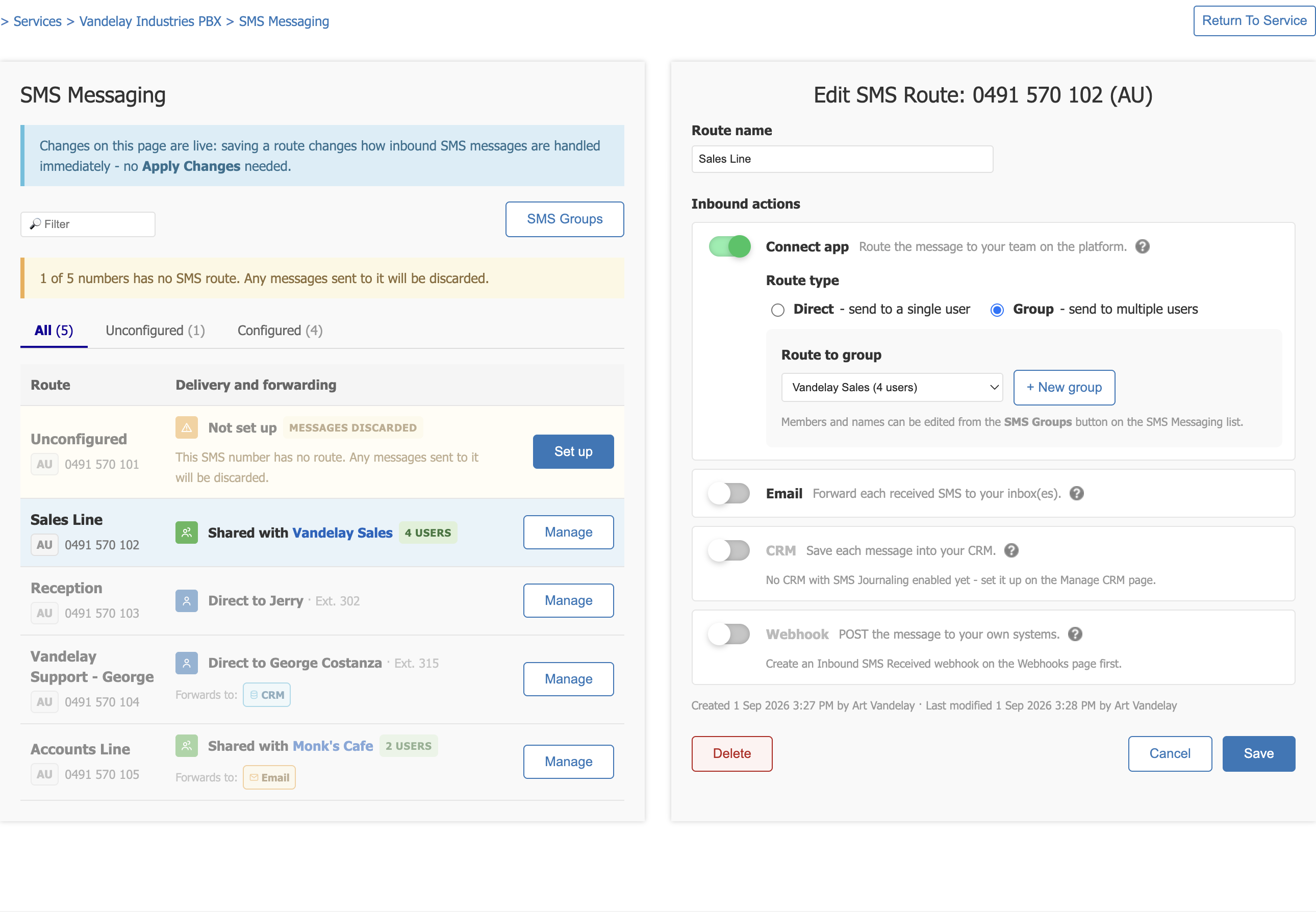 Edit SMS Route
