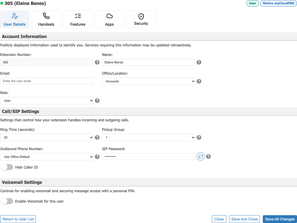 Role on the User Details tab
