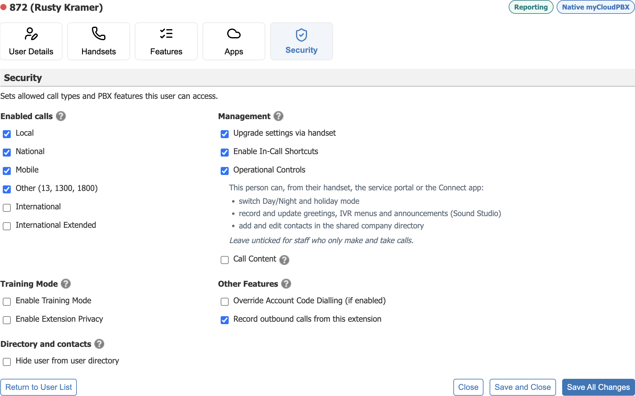 The Security tab for a Reporting user, with Call Content as well