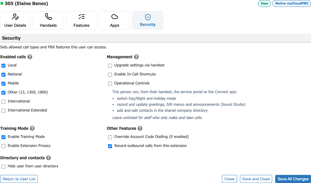 The Security tab for a User, with Operational Controls